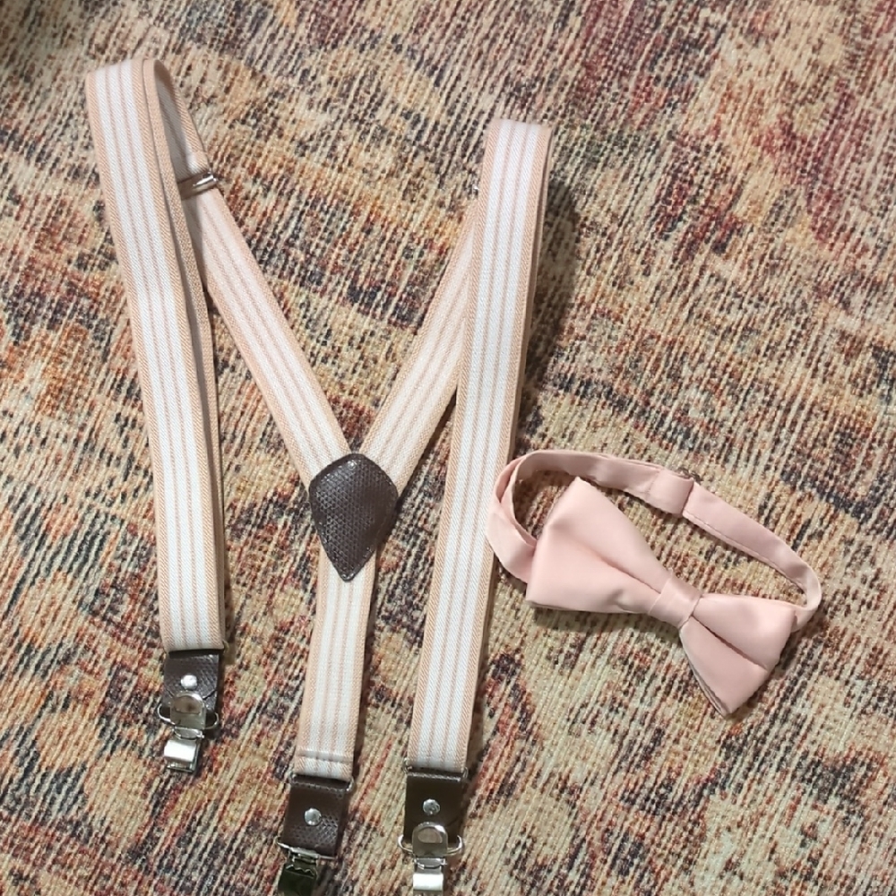 Kids M-Pink Bow Tie and Cream Suspenders Set
